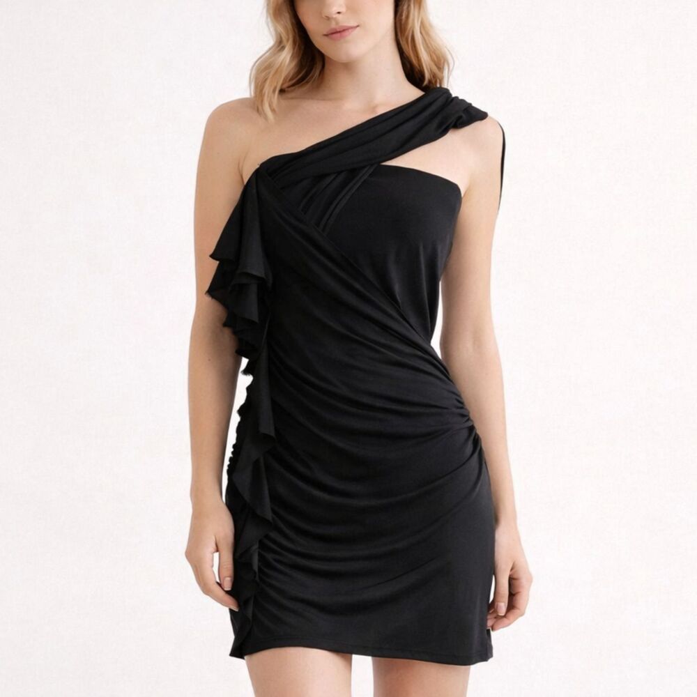 Atos Lombardini One Shoulder Dress Women 6 Black Ruched Cocktail Glam Party Y2K